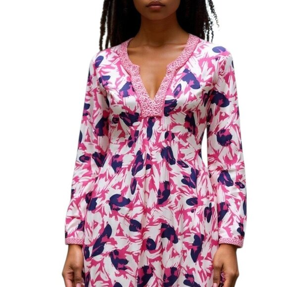 J Mclaughlin Tunic Sweater Top Size Large Pink Purple Abstract Floral Stretch - Picture 1 of 9